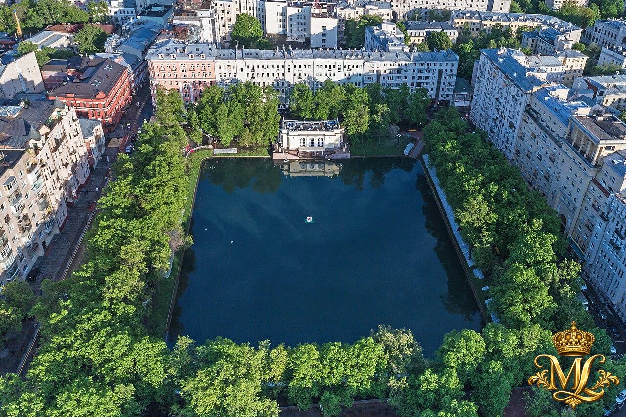 Aerial view of Patriarch's Ponds park in summer